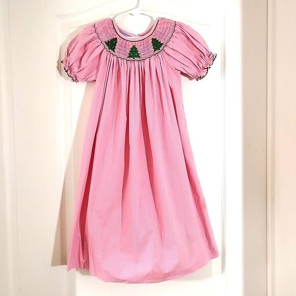 ANAVINA Girls 4T Smock Christmas Dress Pink Short Sleeve Trees Long Modest - Picture 6 of 6
